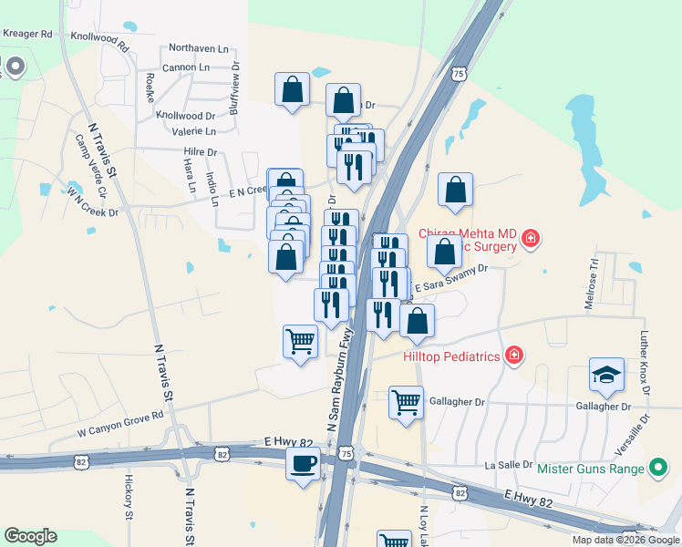 map of restaurants, bars, coffee shops, grocery stores, and more near 3700 U.S. 75 in Sherman