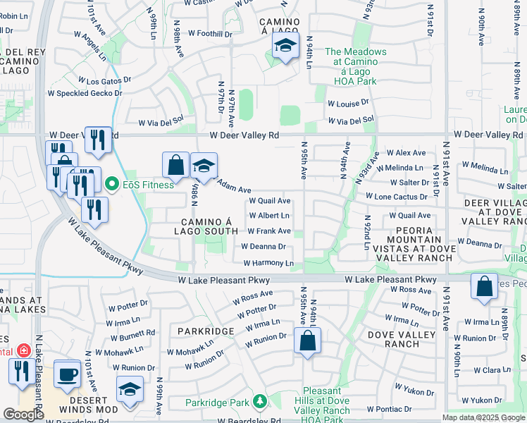 map of restaurants, bars, coffee shops, grocery stores, and more near 9566 West Albert Lane in Peoria