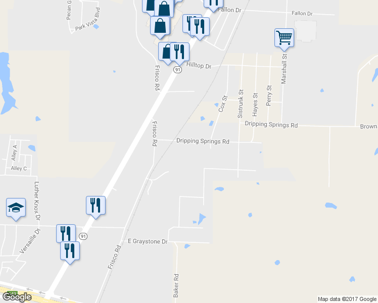 map of restaurants, bars, coffee shops, grocery stores, and more near 2624 Dripping Spring Road in Sherman