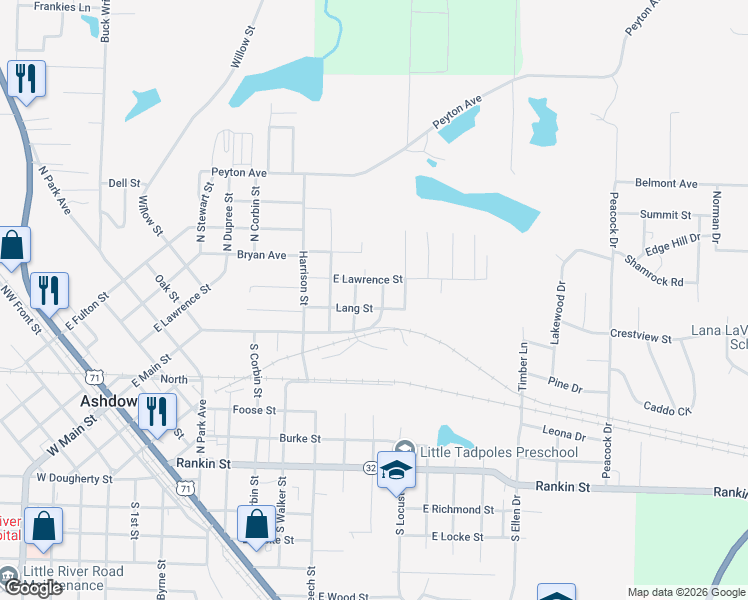 map of restaurants, bars, coffee shops, grocery stores, and more near 770 Lang Street in Ashdown