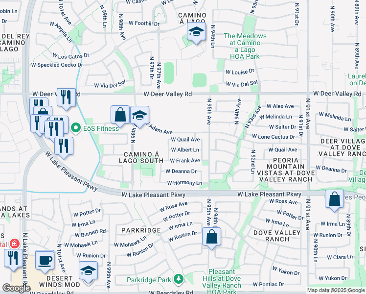 map of restaurants, bars, coffee shops, grocery stores, and more near 9566 W Albert Ln in Peoria