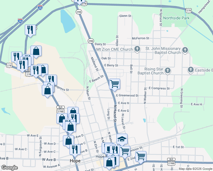 map of restaurants, bars, coffee shops, grocery stores, and more near 219 East Rosehill Street in Hope