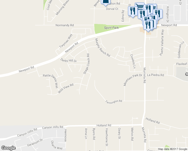 map of restaurants, bars, coffee shops, grocery stores, and more near 30704 Stage Coach Road in Menifee
