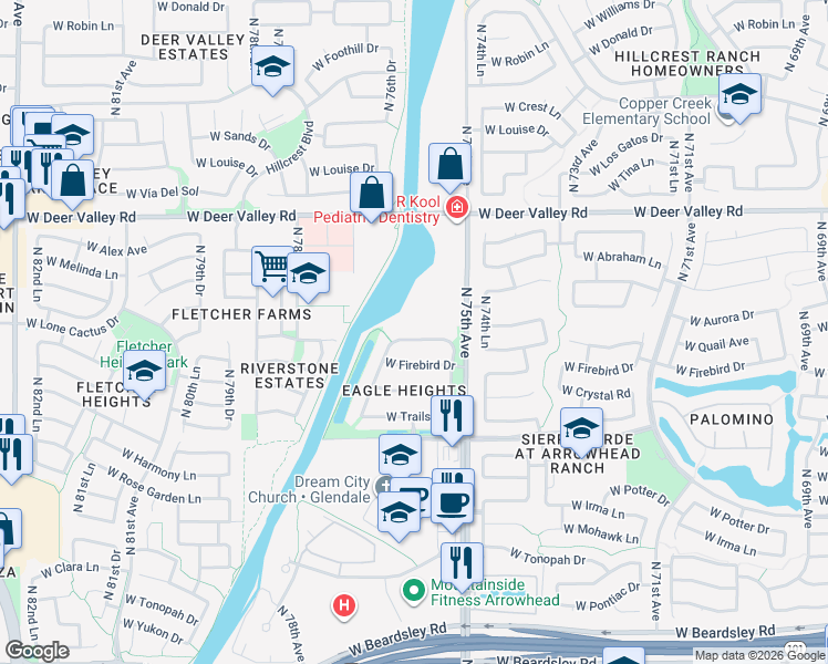 map of restaurants, bars, coffee shops, grocery stores, and more near 7576 West Quail Avenue in Glendale