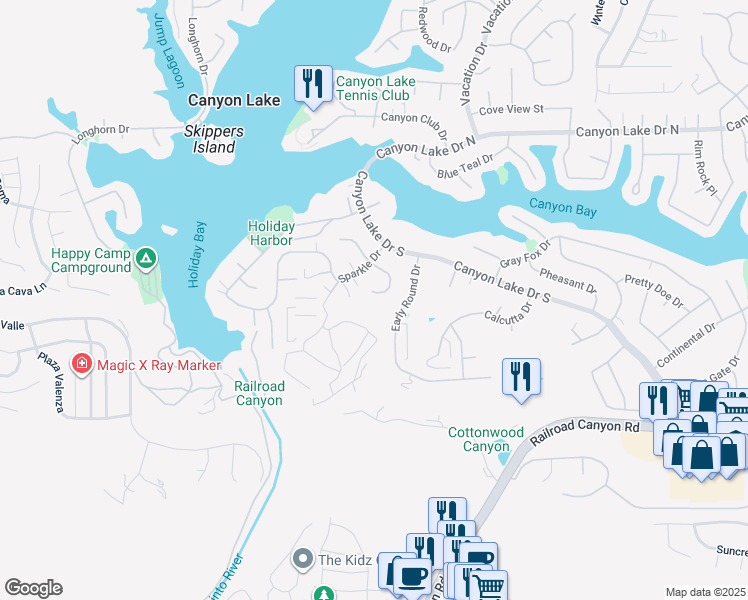 map of restaurants, bars, coffee shops, grocery stores, and more near 22672 Pin Tail Drive in Canyon Lake