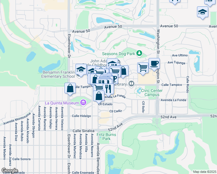 map of restaurants, bars, coffee shops, grocery stores, and more near 103 Calle Tampico in La Quinta