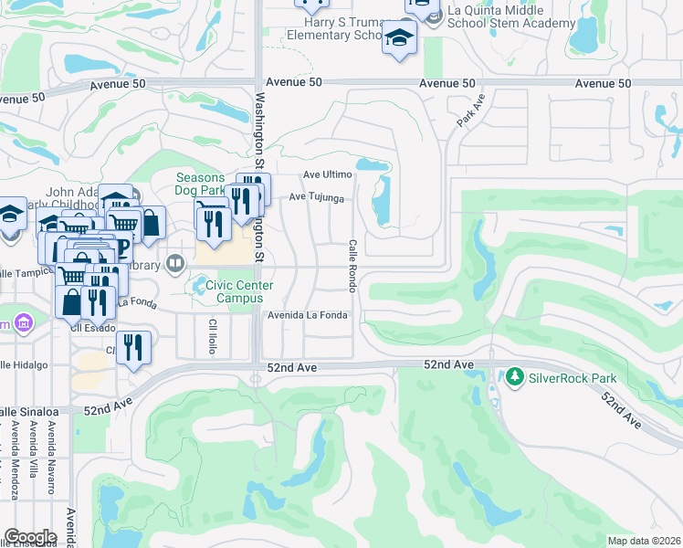 map of restaurants, bars, coffee shops, grocery stores, and more near 78735 Calle Tampico in La Quinta