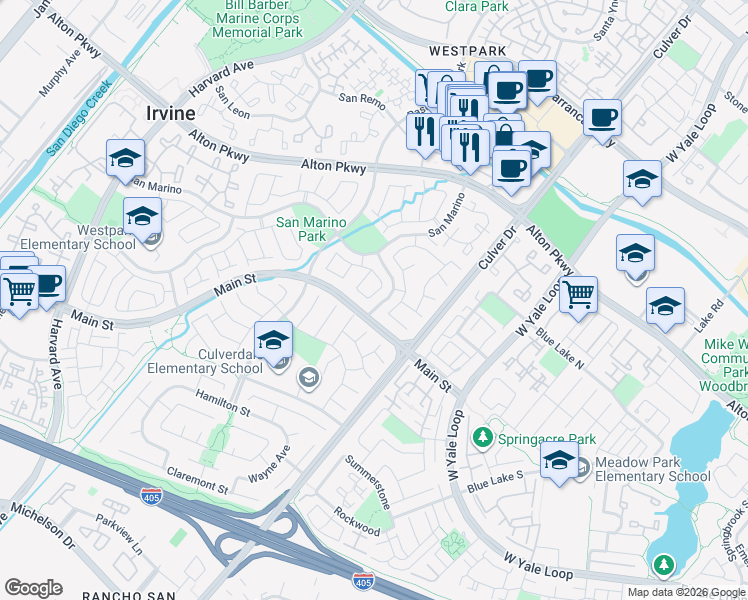 map of restaurants, bars, coffee shops, grocery stores, and more near 8 Del Azul in Irvine