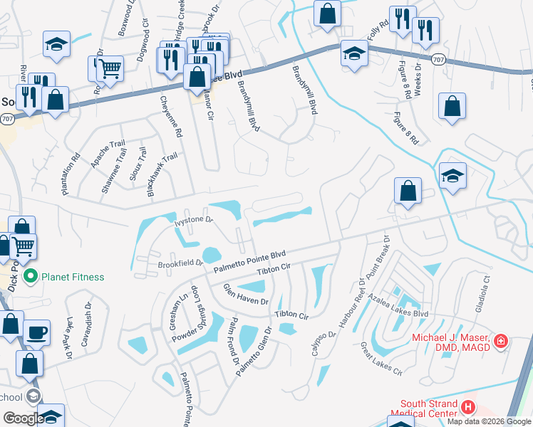 map of restaurants, bars, coffee shops, grocery stores, and more near 414 Wallingford Circle in Myrtle Beach
