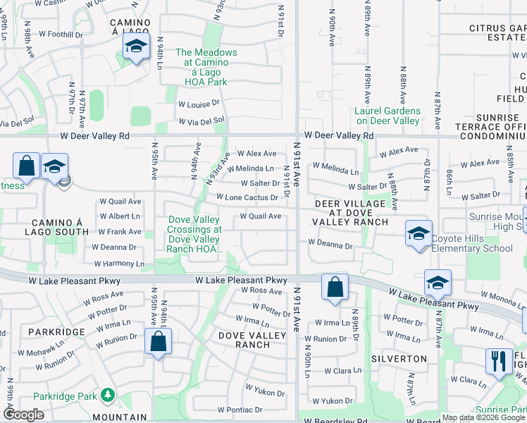 map of restaurants, bars, coffee shops, grocery stores, and more near 9156 West Quail Avenue in Peoria