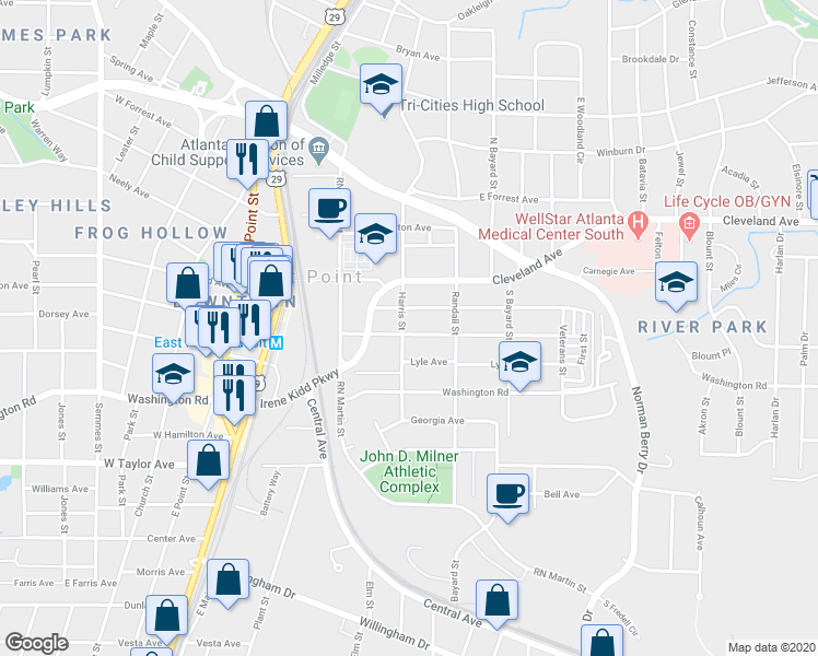 map of restaurants, bars, coffee shops, grocery stores, and more near 1419 Gus Thornhill Junior Drive in East Point