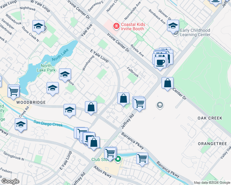 map of restaurants, bars, coffee shops, grocery stores, and more near 108 East Yale Loop in Irvine
