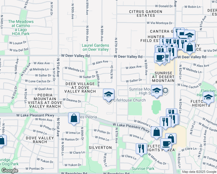 map of restaurants, bars, coffee shops, grocery stores, and more near 8744 West Adam Avenue in Peoria