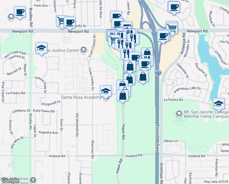 map of restaurants, bars, coffee shops, grocery stores, and more near 30490 Village Knoll Drive in Menifee