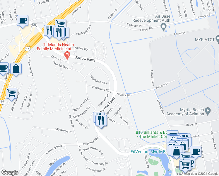 map of restaurants, bars, coffee shops, grocery stores, and more near 1449 Suncrest Drive in Myrtle Beach