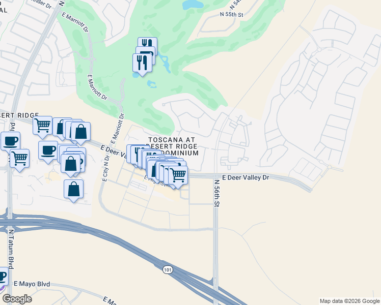 map of restaurants, bars, coffee shops, grocery stores, and more near 5560 East Deer Valley Drive in Phoenix