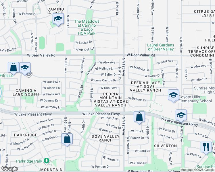 map of restaurants, bars, coffee shops, grocery stores, and more near 9156 West Quail Avenue in Peoria