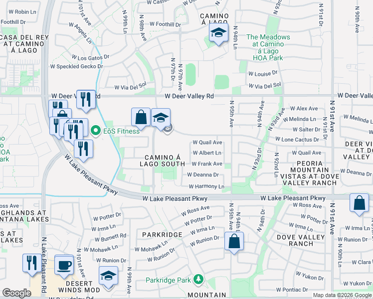 map of restaurants, bars, coffee shops, grocery stores, and more near 21280 North 96th Avenue in Peoria