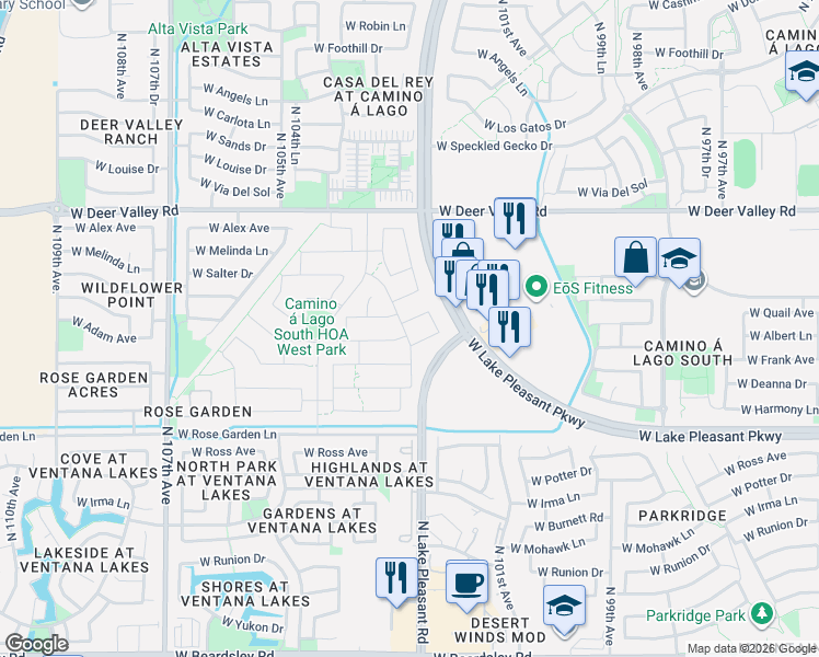 map of restaurants, bars, coffee shops, grocery stores, and more near 21176-21738 N Lake Pleasant Rd in Peoria