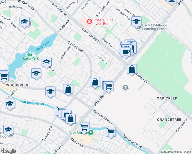 map of restaurants, bars, coffee shops, grocery stores, and more near 109 East Yale Loop in Irvine