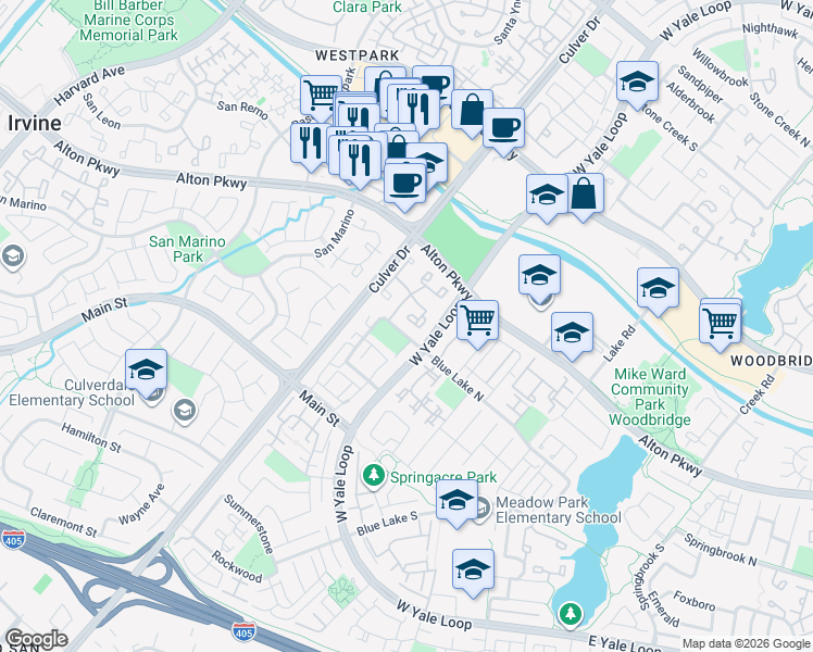 map of restaurants, bars, coffee shops, grocery stores, and more near 33 Greenfield in Irvine