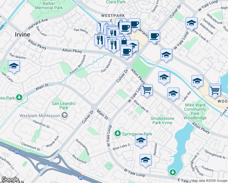 map of restaurants, bars, coffee shops, grocery stores, and more near 16 Windjammer in Irvine