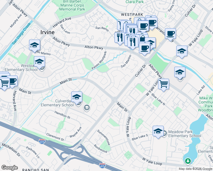 map of restaurants, bars, coffee shops, grocery stores, and more near 8 Del Azul in Irvine