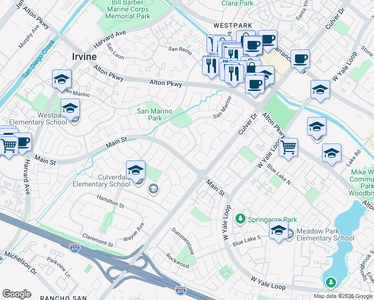 map of restaurants, bars, coffee shops, grocery stores, and more near 8 Del Azul in Irvine