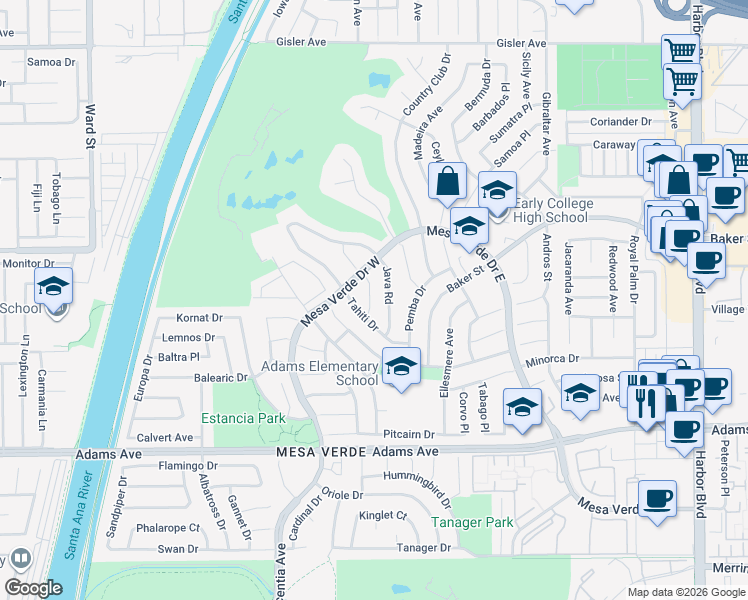 map of restaurants, bars, coffee shops, grocery stores, and more near 2947 Java Road in Costa Mesa