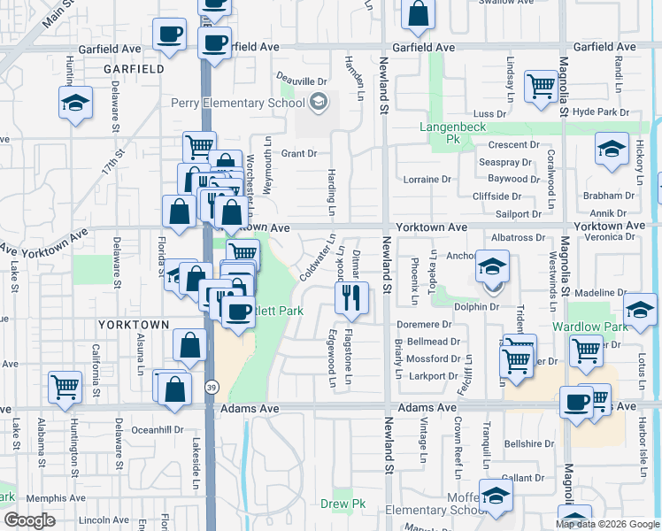 map of restaurants, bars, coffee shops, grocery stores, and more near 8351 Cade Circle in Huntington Beach