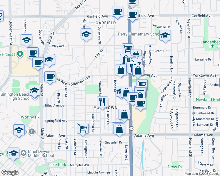 map of restaurants, bars, coffee shops, grocery stores, and more near 2306 England Street in Huntington Beach