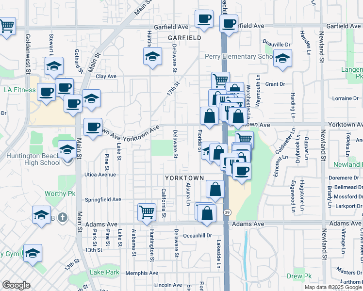 map of restaurants, bars, coffee shops, grocery stores, and more near 2312 Delaware Street in Huntington Beach