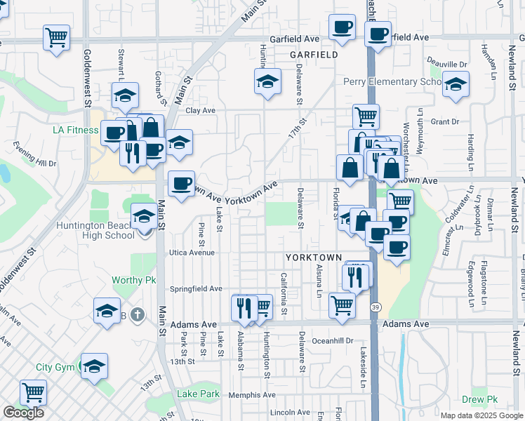 map of restaurants, bars, coffee shops, grocery stores, and more near 2323 Huntington Street in Huntington Beach