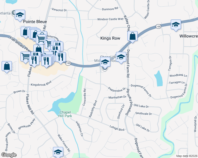 map of restaurants, bars, coffee shops, grocery stores, and more near 3565 Radcliffe Boulevard in Decatur