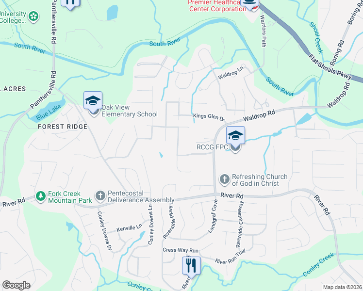 map of restaurants, bars, coffee shops, grocery stores, and more near 3590 Waldrop Farms Drive in Decatur