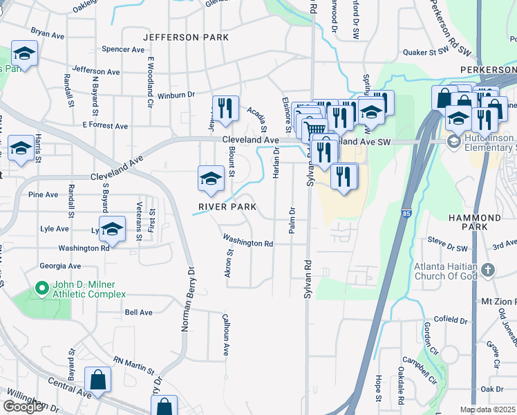 map of restaurants, bars, coffee shops, grocery stores, and more near 1015 Cedar Avenue in Atlanta
