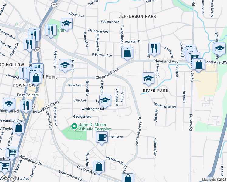 map of restaurants, bars, coffee shops, grocery stores, and more near 1253 Gus Thornhill Junior Drive in East Point