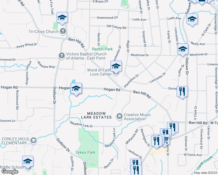 map of restaurants, bars, coffee shops, grocery stores, and more near 2475 Hogan Road in East Point