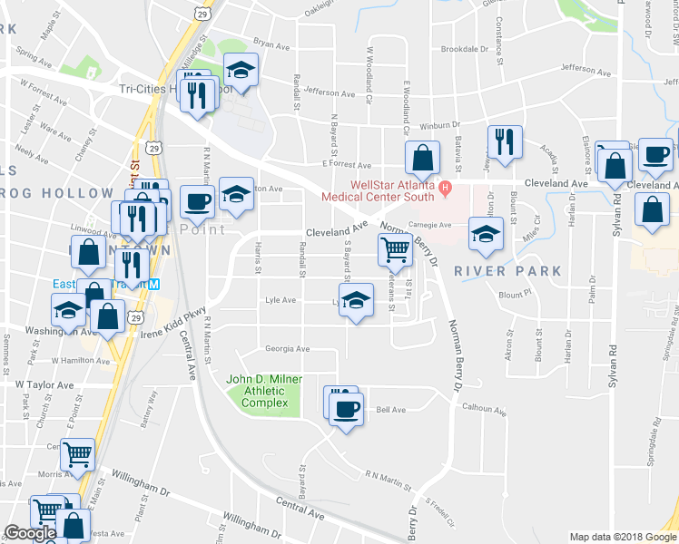 map of restaurants, bars, coffee shops, grocery stores, and more near 1315 Gus Thornhill in East Point