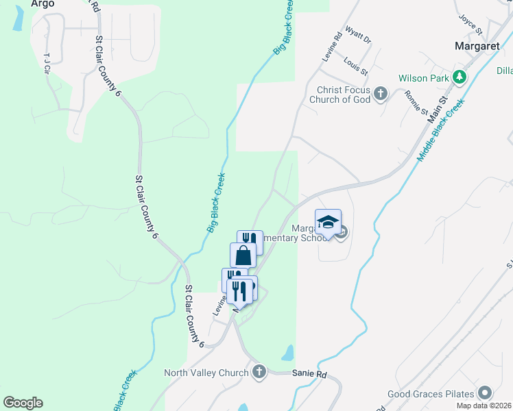 map of restaurants, bars, coffee shops, grocery stores, and more near 495 Levine Road in Odenville