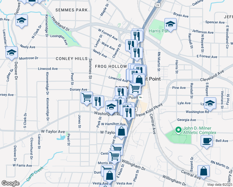 map of restaurants, bars, coffee shops, grocery stores, and more near 2834 Church St in Atlanta