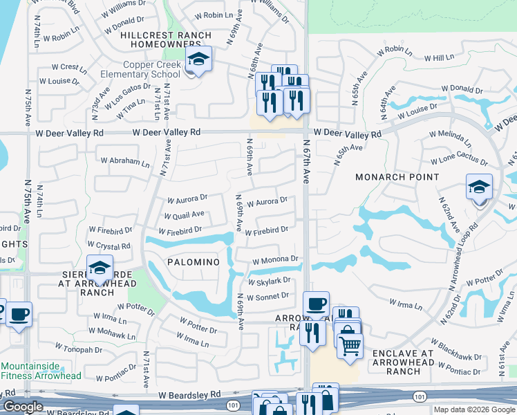 map of restaurants, bars, coffee shops, grocery stores, and more near 6819 West Aurora Drive in Glendale