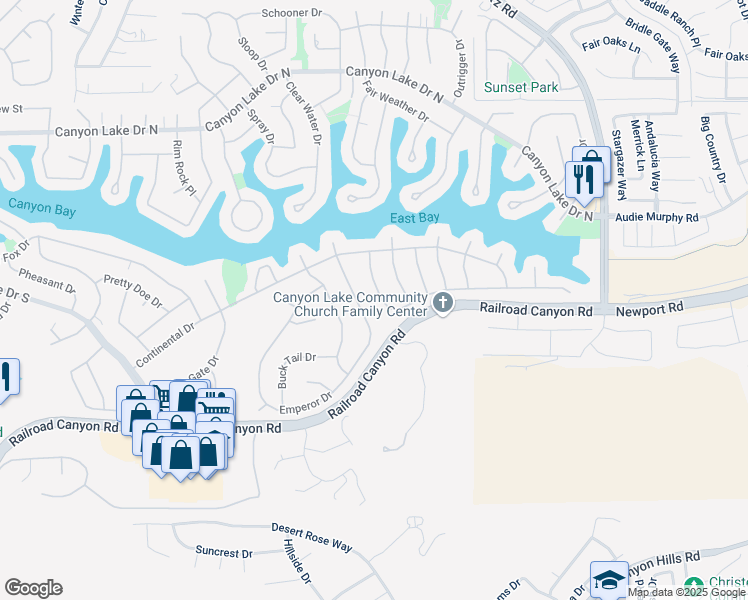 map of restaurants, bars, coffee shops, grocery stores, and more near 23689 Cruise Circle Drive in Canyon Lake
