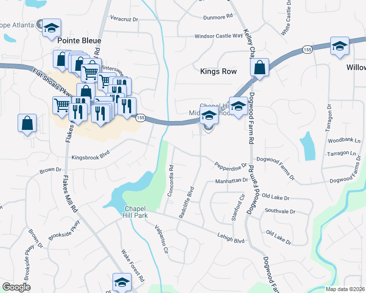 map of restaurants, bars, coffee shops, grocery stores, and more near 4125 Radcliffe Court in Decatur