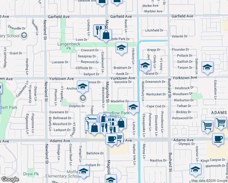 map of restaurants, bars, coffee shops, grocery stores, and more near 19602 Roderick Lane in Huntington Beach