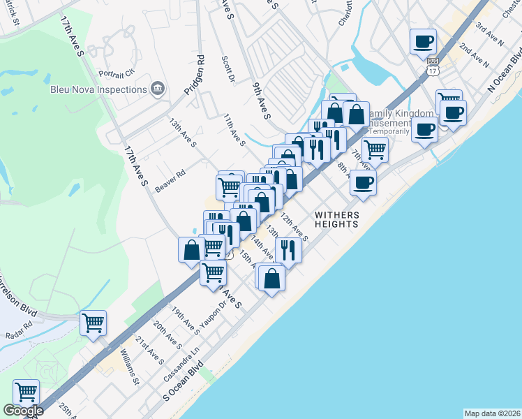 map of restaurants, bars, coffee shops, grocery stores, and more near 1206 South Kings Highway in Myrtle Beach