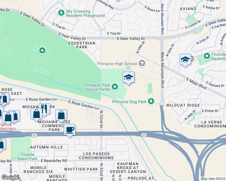 map of restaurants, bars, coffee shops, grocery stores, and more near 21411 North 32nd Street in Phoenix