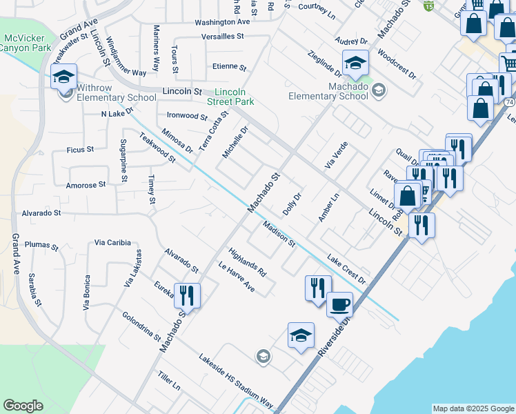map of restaurants, bars, coffee shops, grocery stores, and more near 3721 Mari Drive in Lake Elsinore
