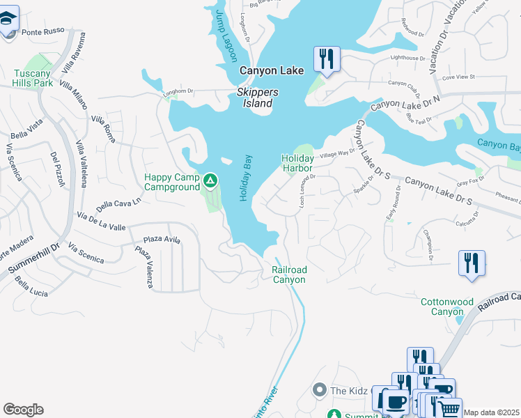 map of restaurants, bars, coffee shops, grocery stores, and more near 22001 Loch Lomond Drive in Canyon Lake