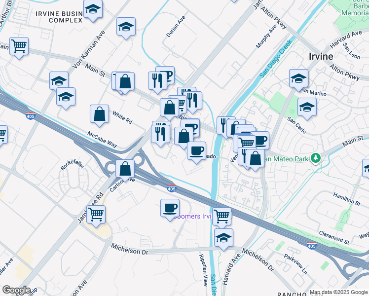 map of restaurants, bars, coffee shops, grocery stores, and more near 13 Park Plaza in Irvine